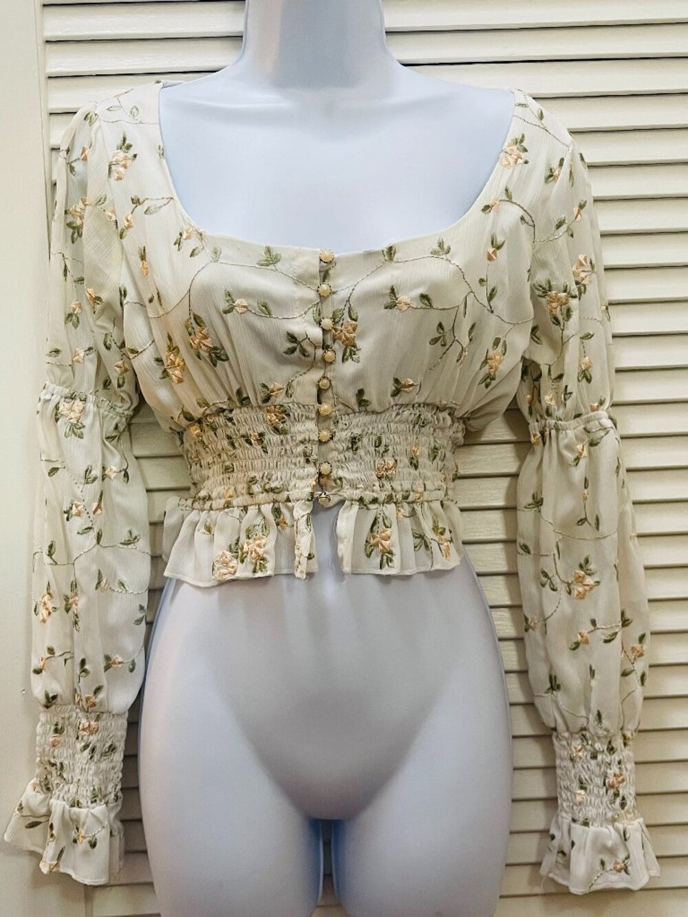 For Love Bell Embroidered Floral Milkmaid Peplum Top Cottagecore Coquette M